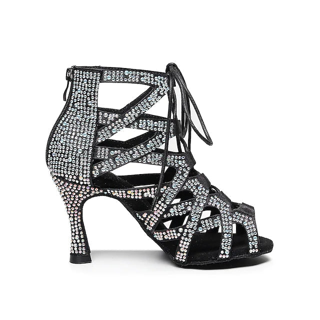 Women's Satin Black Rhinestone Heels Dance Boots JazSalsa Dancing Shoes