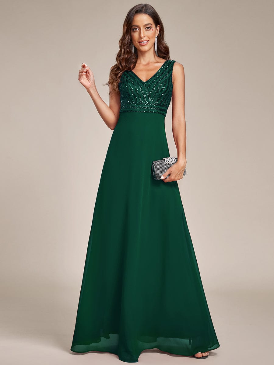 Shimmering Sequin Double V-Neck Sleeveless Formal Gown
