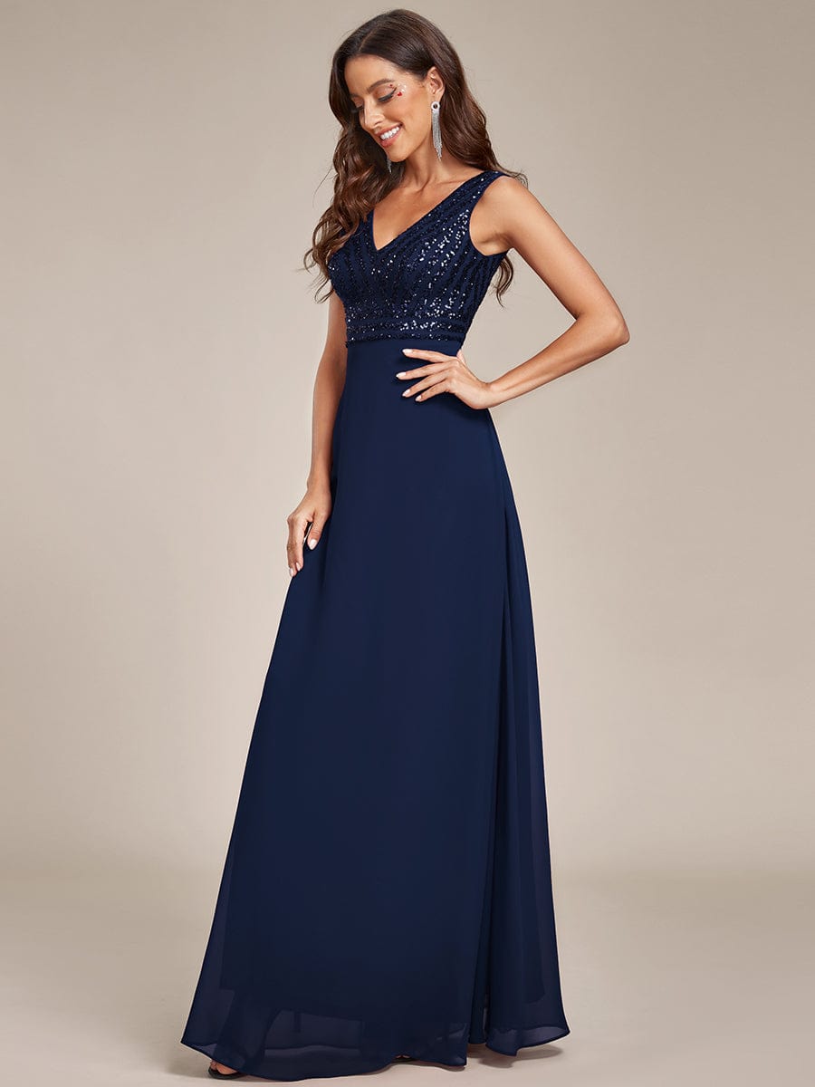 Shimmering Sequin Double V-Neck Sleeveless Formal Gown