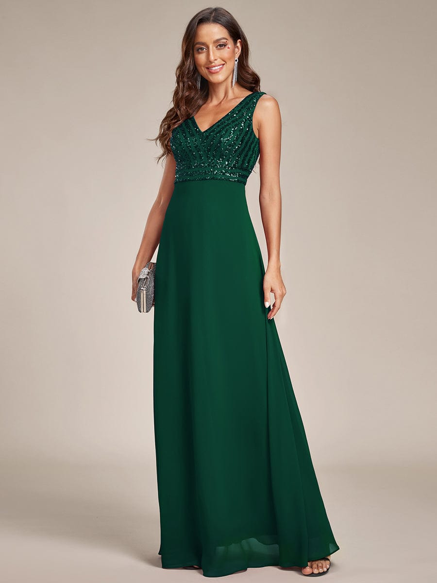 Shimmering Sequin Double V-Neck Sleeveless Formal Gown