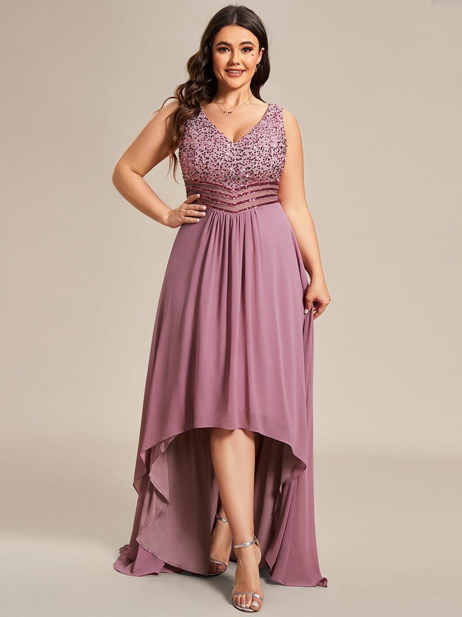 Sparkling Paillette & Chiffon V-neck A-line Sleeveless Plus Size Evening Gown