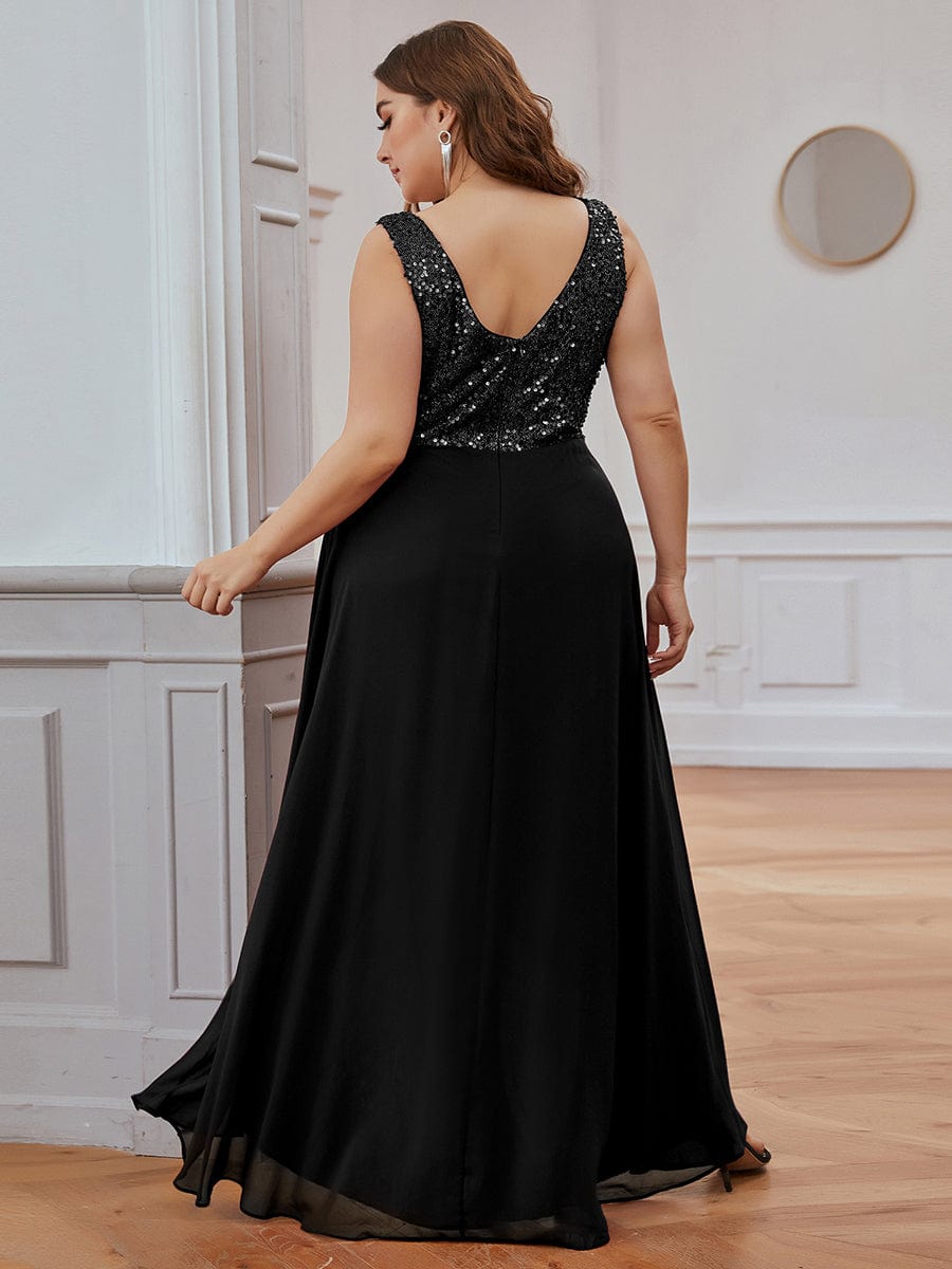 Sparkling Paillette & Chiffon V-neck A-line Sleeveless Plus Size Evening Gown