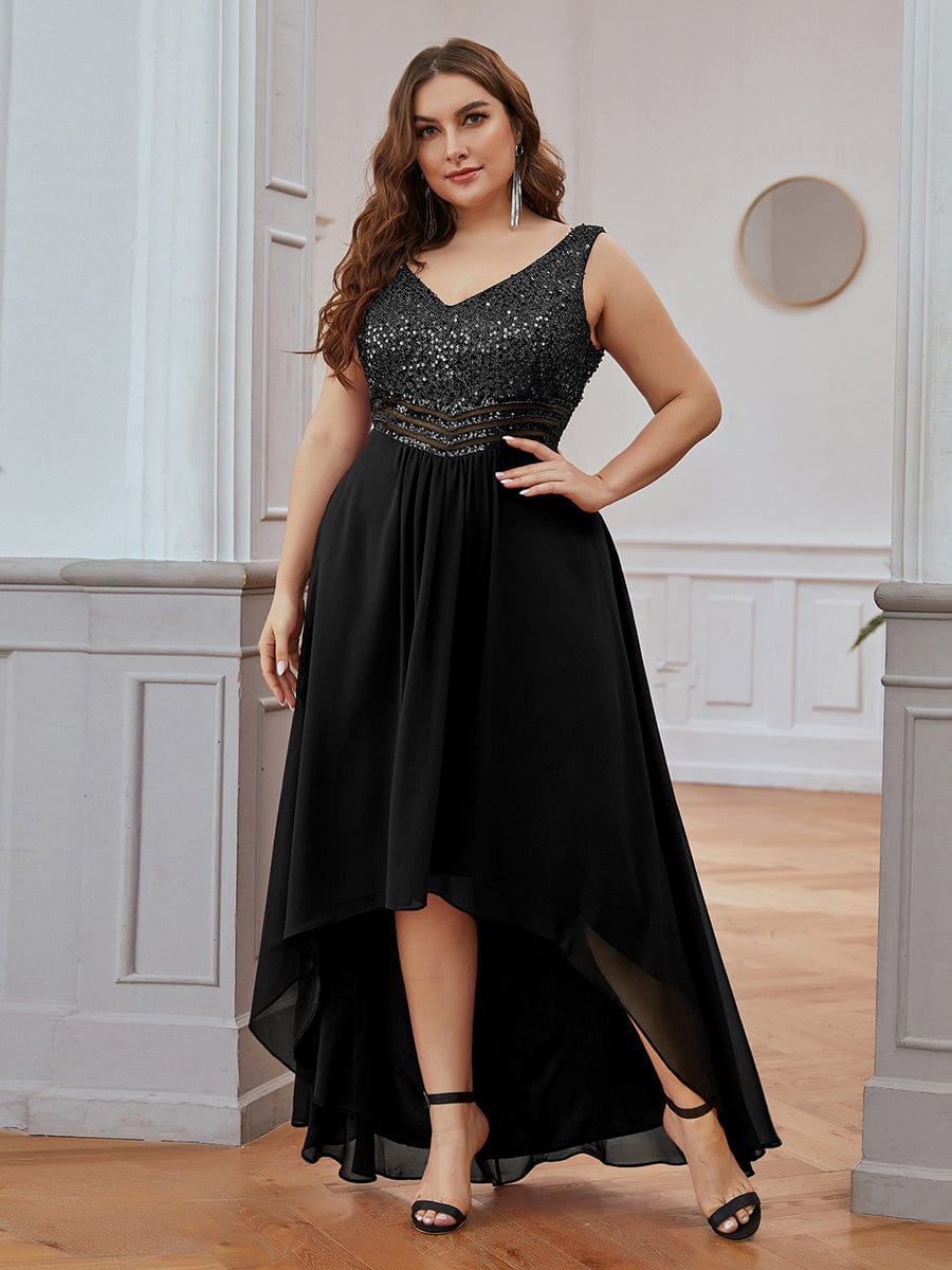 Sparkling Paillette & Chiffon V-neck A-line Sleeveless Plus Size Evening Gown