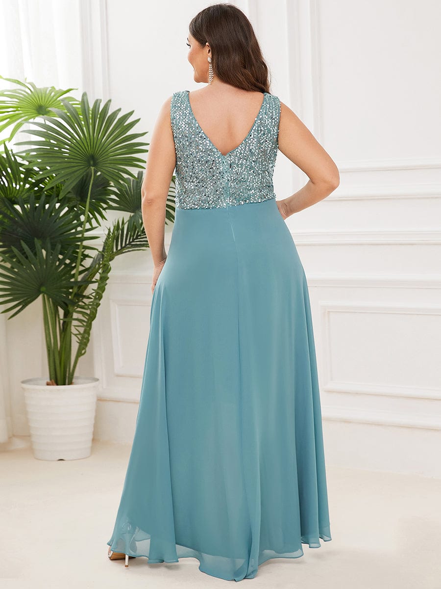 Sparkling Paillette & Chiffon V-neck A-line Sleeveless Plus Size Evening Gown