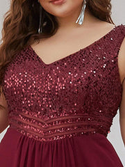 Sparkling Paillette & Chiffon V-neck A-line Sleeveless Plus Size Evening Gown