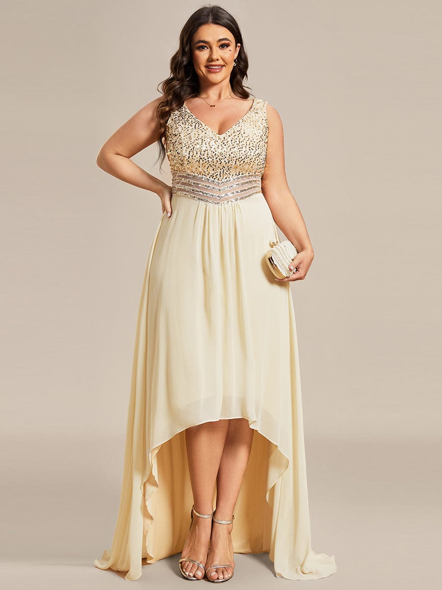 Sparkling Paillette & Chiffon V-neck A-line Sleeveless Plus Size Evening Gown
