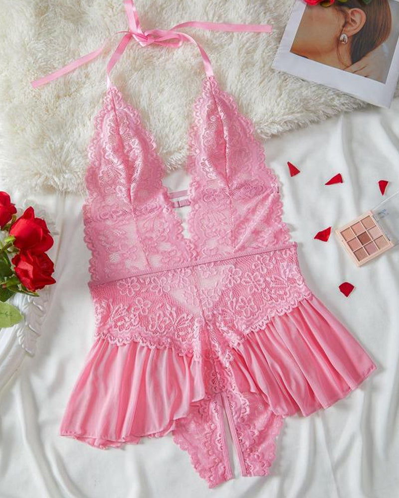 Women's Solid Color Lace Sexy Breathable Lingerie Teddy Bodysuit
